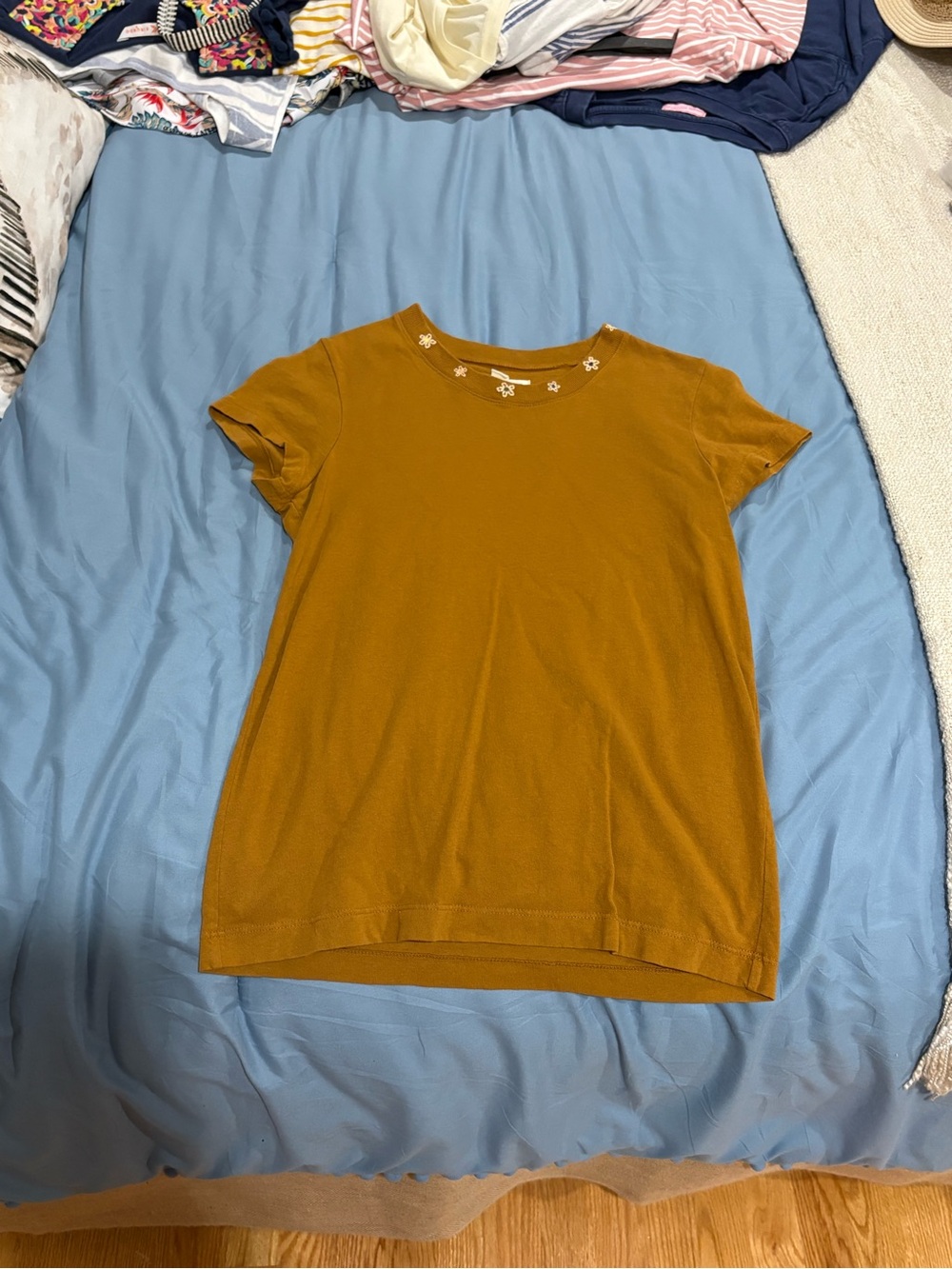 Short Sleeve Women's Tee with Embroidered Neckline - Mustard